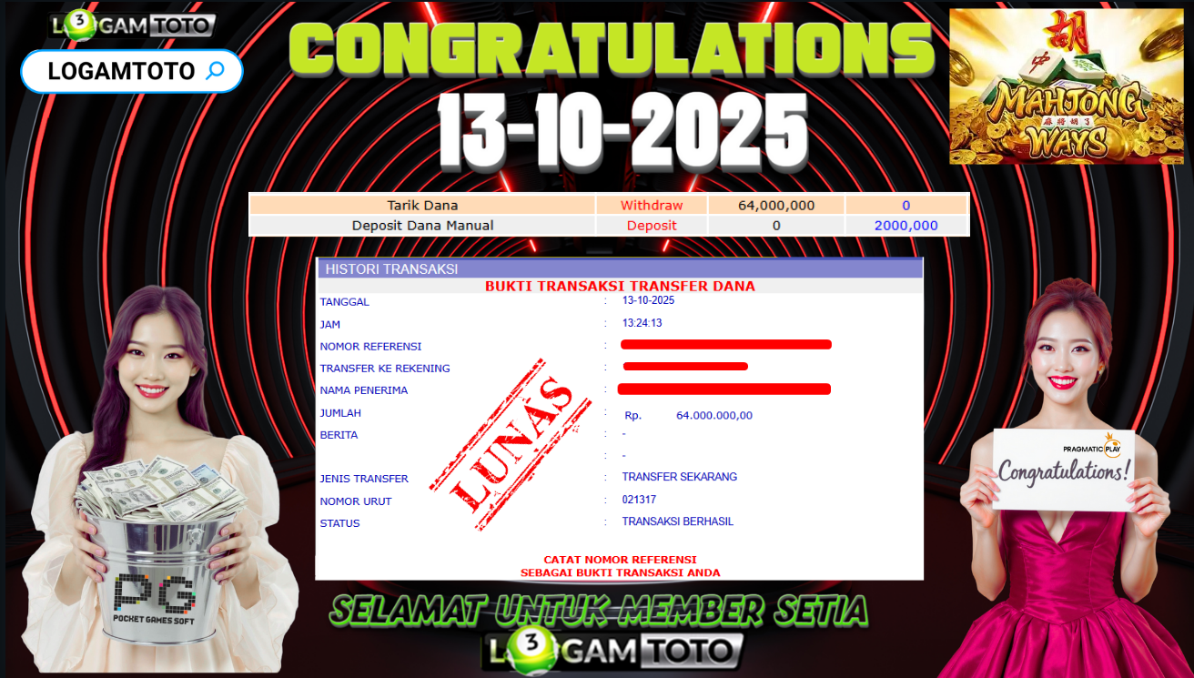 SELAMAT KEPADA MEMBER SETIA LOGAMTOTO BERHASIL JACKPOT DI PERMAINAN SLOT MAHJONG WAYS